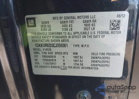 2012 GMC Acadia Slt-1 z USA, uszkodzony, nr VIN 1GKKVRED3CJ358061